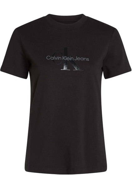 Kadın Glossy Monologo Regular T-Shirt - Siyah
