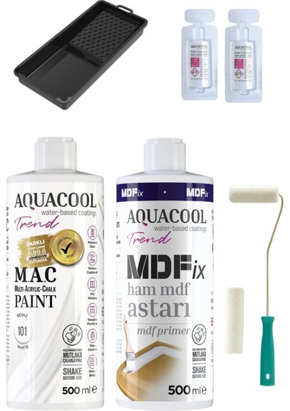 Akrilik Hobi Boya 101 Beyaz 500 ml + Mdf Astar 500 ml Rulo Katalizör Ahşap Boyama Set