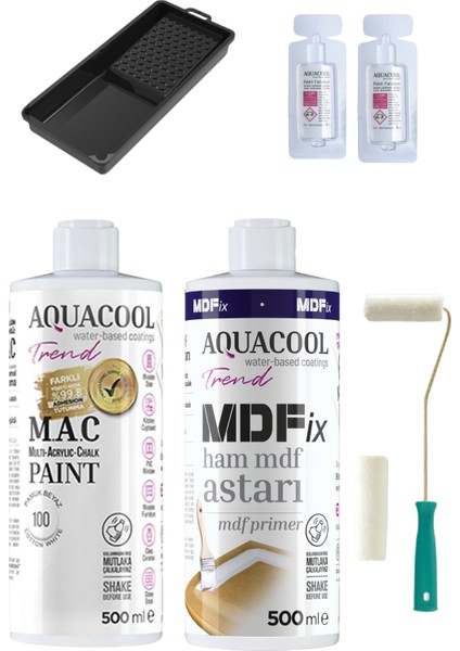 Akrilik Hobi Boya 100 Pamuk Beyaz 500 ml + Mdf Astar 500 ml Rulo Katalizör Ahşap Boyama Set