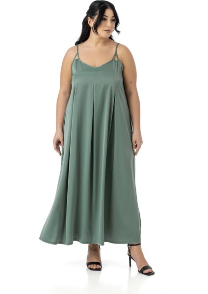 Büyük Beden Ayarlanabilir Ince Askılı Derin Plikaşe Detaylı Yırtmaçlı Saten Uzun Mint Yeşili Elbise fırsatları