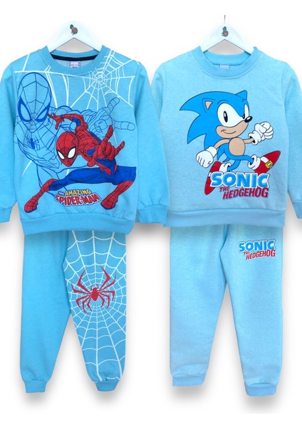 Erkek Çocuk Sonic ve Örümcek Adam Desenli Uzun Kollu Bisiklet Yaka Şardonlu Sweatshirt/eşofman Takımı Alt-Üst Takım