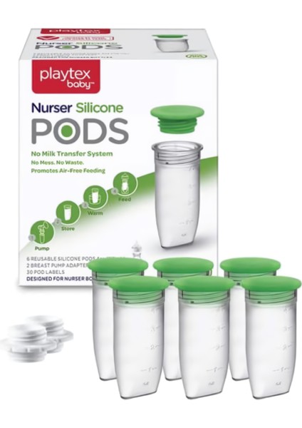 Baby™ Silikon Pods® Anne Sütü Saklama Kapları & Nurser Biberon Uyumlu - Doğrudan Sağım ve Saklama, Dondurucu Uyumlu, Anti-Kolik Tasarım, 118 Ml, 6'lı Paket, 0+ Ay, 2 Adet Pompa Adaptörü ile