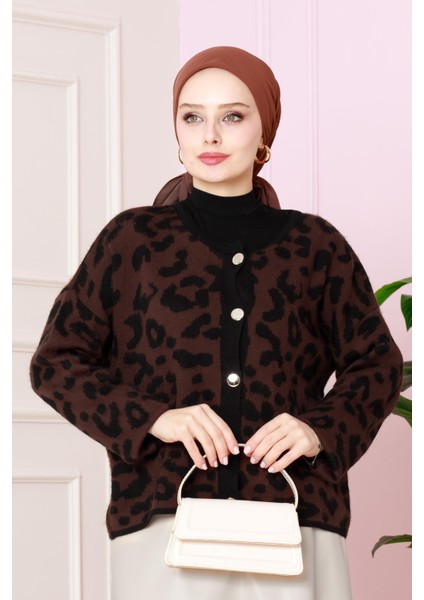 Leopar Kısa Hırka -Kahverengi
