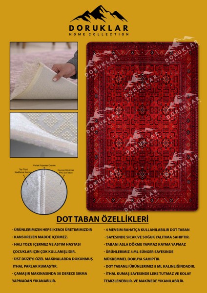 Klasik Desenli Kırmızı Kaymaz Taban Yıkanabilir Leke Tutmaz Dot Taban Halı