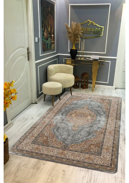 Kaymaz Tabanlı Yıkanabilir Leke Tutmaz Modern Klasik Desenli Salon Halısı Dot Taban Halı KLDH20
