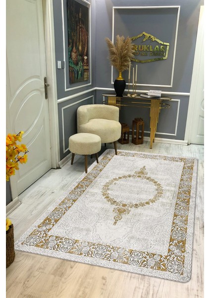 Kaymaz Tabanlı Yıkanabilir Leke Tutmaz Modern Klasik Desenli Salon Halısı Dot Taban Halı KLDH28