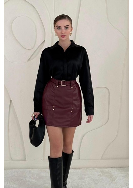 Bordo Kemerli Mini Deri Etek modelleri