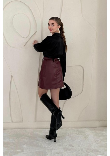 Bordo Kemerli Mini Deri Etek fırsatları