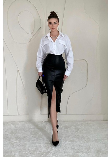 Yırtmaçlı Süs Patlı Deri Etek