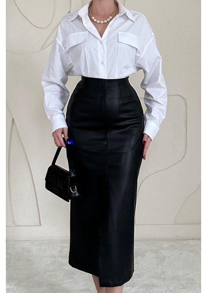 Yırtmaçlı Süs Patlı Deri Etek fiyatları