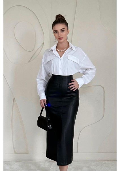 Yırtmaçlı Süs Patlı Deri Etek modelleri