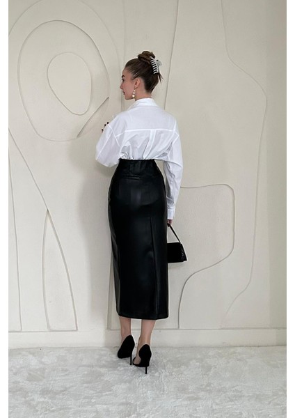 Yırtmaçlı Süs Patlı Deri Etek fırsatları