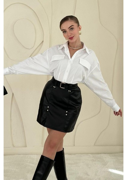 Siyah Kemerli Mini Deri Etek modelleri