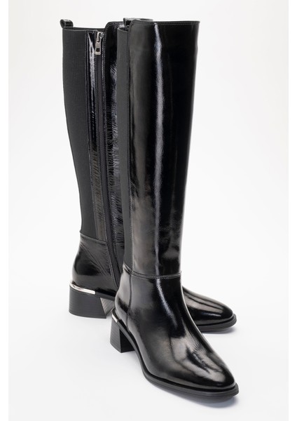 Rochos Siyah Rugan Streç Detaylı Deri Kadın Çizme