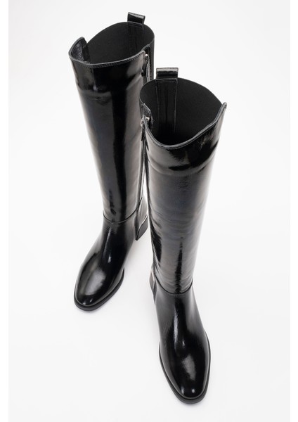 Rochos Siyah Rugan Streç Detaylı Deri Kadın Çizme modelleri