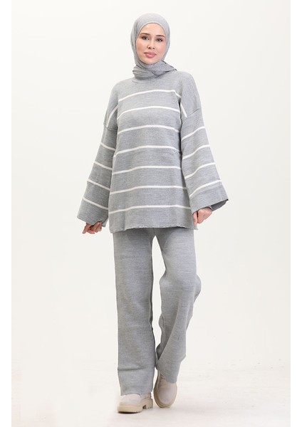 Çizgili Triko Takım 3083-05 Gri