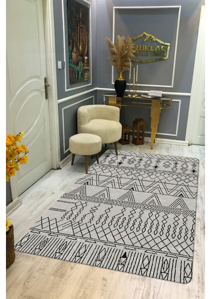 Kaymaz Tabanlı Yıkanabilir Leke Tutmaz Kilim Desenli Salon Halısı Dot Taban Halı KDH27