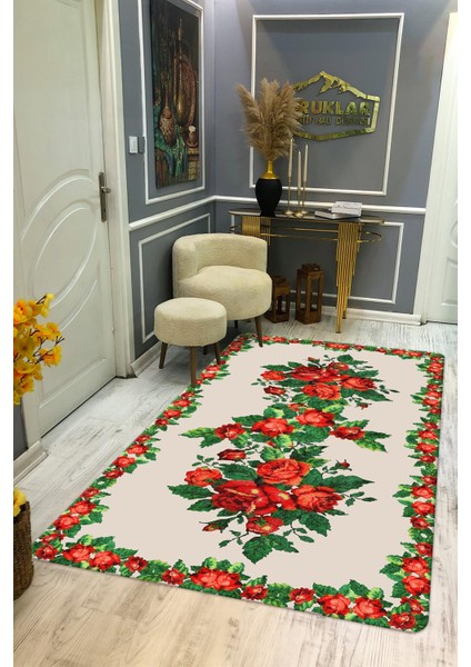 Kaymaz Tabanlı Yıkanabilir Leke Tutmaz Kilim Desenli Salon Halısı Dot Taban Halı KDH41