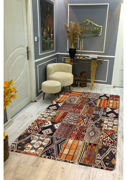 Kaymaz Tabanlı Yıkanabilir Leke Tutmaz Kilim Desenli Salon Halısı Dot Taban Halı KDH13