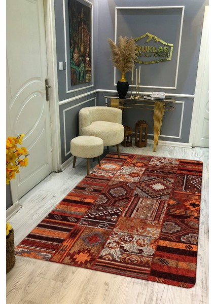 Kaymaz Tabanlı Yıkanabilir Leke Tutmaz Kilim Desenli Salon Halısı Dot Taban Halı KDH22