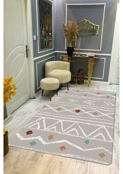 Kaymaz Tabanlı Yıkanabilir Leke Tutmaz Kilim Desenli Salon Halısı Dot Taban Halı KDH15