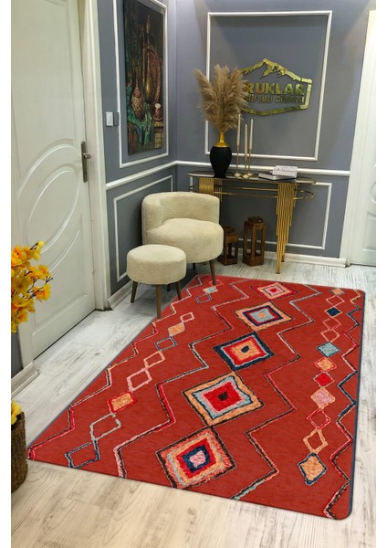 Kaymaz Tabanlı Yıkanabilir Leke Tutmaz Kilim Desenli Salon Halısı Dot Taban Halı KDH32