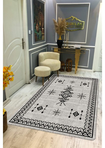 Kaymaz Tabanlı Yıkanabilir Leke Tutmaz Kilim Desenli Salon Halısı Dot Taban Halı KDH28