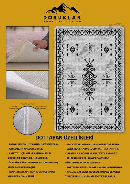 Kaymaz Tabanlı Yıkanabilir Leke Tutmaz Kilim Desenli Salon Halısı Dot Taban Halı KDH28