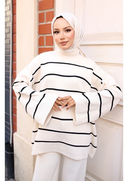 Çizgili Triko Takım 3083-03 Ekru modelleri