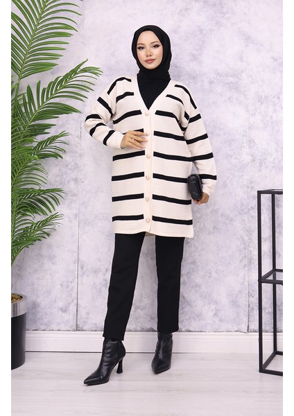 Fitilli Çizgili Triko Hırka 3090-02 Taş