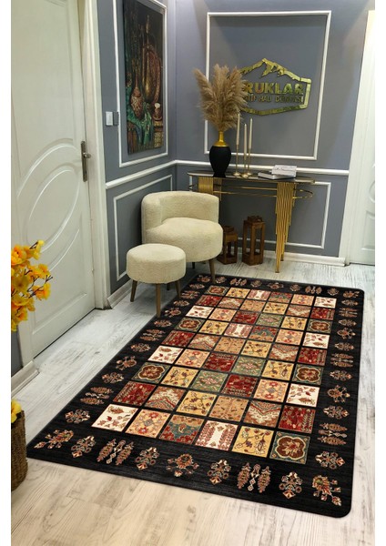 Kaymaz Tabanlı Yıkanabilir Leke Tutmaz Kilim Desenli Salon Halısı Dot Taban Halı KDH24