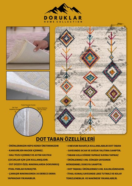 Kilim Desenli Kaymaz Tabanlı Yıkanabilir Leke Tutmaz Dot Taban Halı