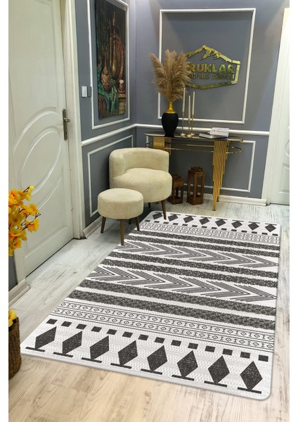 Kaymaz Tabanlı Yıkanabilir Leke Tutmaz Çizgili Kilim Desenli Salon Halısı Dot Taban Halı KDH30