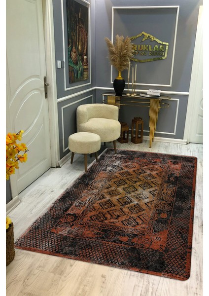 Kaymaz Tabanlı Yıkanabilir Leke Tutmaz Kilim Desenli Salon Halısı Dot Taban Halı KDH16