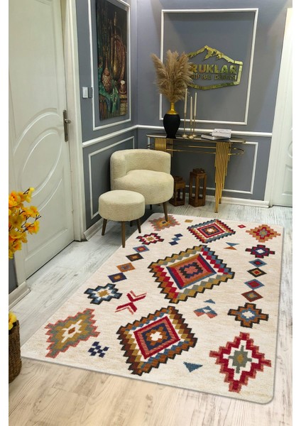 Kaymaz Tabanlı Yıkanabilir Leke Tutmaz Kilim Desenli Salon Halısı Dot Taban Halı KDH29