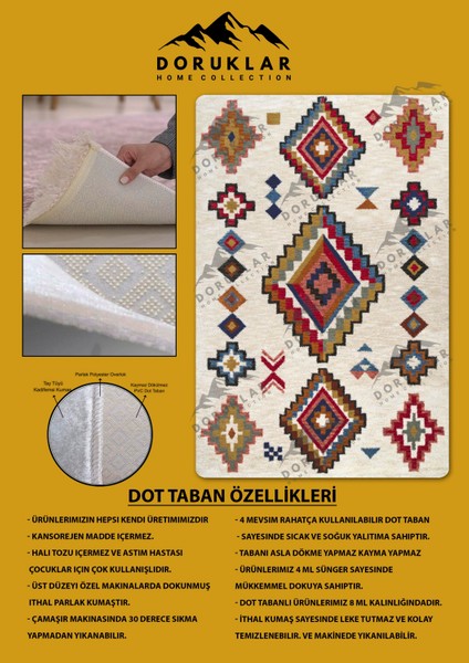 Kaymaz Tabanlı Yıkanabilir Leke Tutmaz Kilim Desenli Salon Halısı Dot Taban Halı KDH29