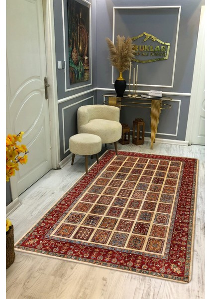 Kaymaz Tabanlı Yıkanabilir Leke Tutmaz Kilim Desenli Salon Halısı Dot Taban Halı KDH19