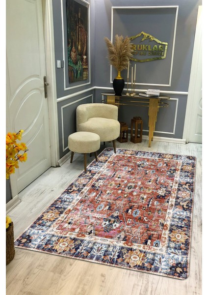 Kaymaz Tabanlı Yıkanabilir Leke Tutmaz Kilim Desenli Salon Halısı Dot Taban Halı KDH14