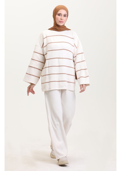 Çizgili Triko Takım 3083-04 Krem