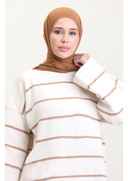 Çizgili Triko Takım 3083-04 Krem modelleri