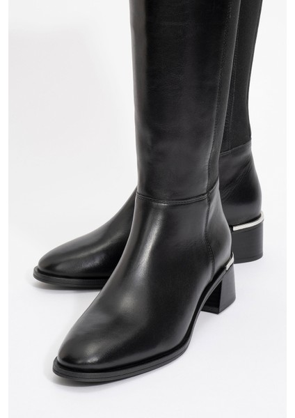 Rochos Siyah Cilt Streç Detaylı Hakiki Deri Kadın Çizme modelleri