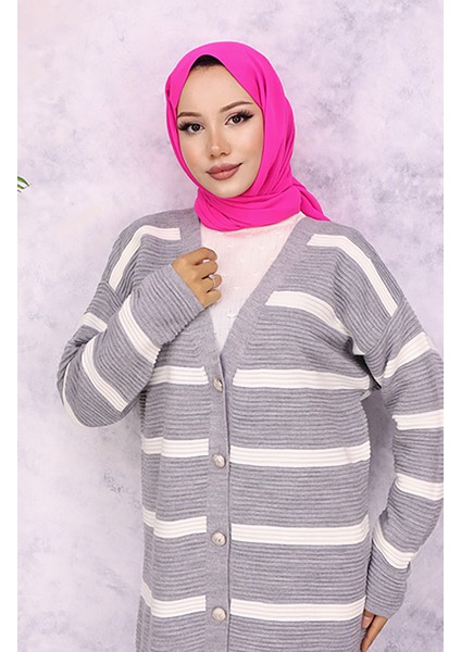 Fitilli Çizgili Triko Hırka 3090-05 Gri modelleri