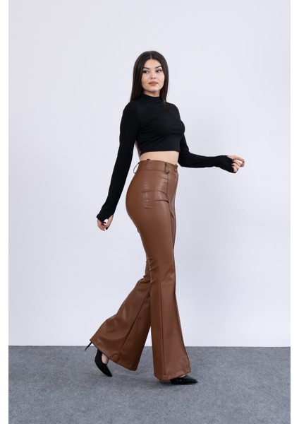 Trend Model Ispanyol Paça Yüksek Bel Deri Pantolon 3942
