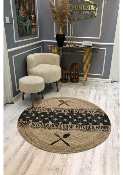 Hasır Desenli Kaymaz Tabanlı Yıkanabilir Yuvarlak Dot Taban Mutfak Halısı