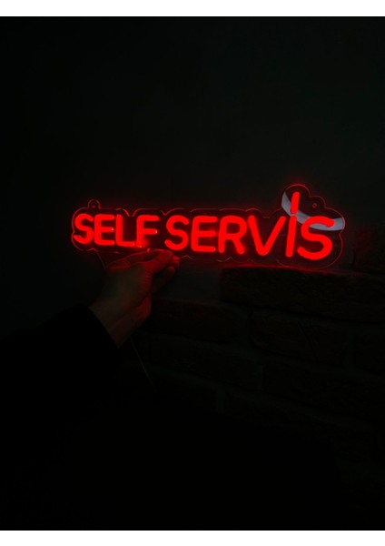 'self Servis' Işıklı Neon LED Dekoratif Duvar Yazısı Tabelası (44 x 11 cm )