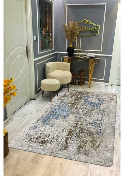 Kaymaz Taban Yıkanabilir Dijital Baskı Eskitme Desenli Salon Halısı