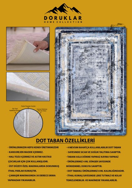 Kaymaz Taban Yıkanabilir Dijital Baskı Mavi Çerçeveli Eskitme Desenli Halı fiyatları