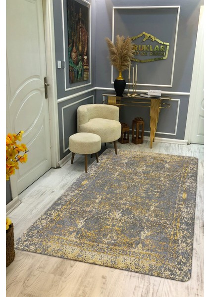 Kaymaz Taban Yıkanabilir Dijital Baskı Gri Eskitme Desenli Salon Halısı