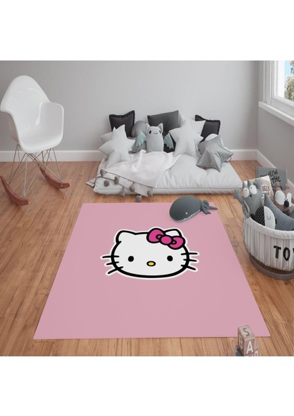 Kaymaz Tabanlı Yıkanabilir Hello Kitty Desenli Çocuk Halısı Dot Taban Halı