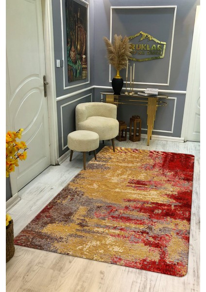 Kaymaz Taban Yıkanabilir Dijital Baskı Eskitme Desenli Salon Halısı